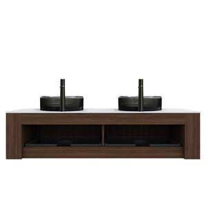 English Elm Dina 60 Inch Floating Bathroom Vanity Sintered Stone Top Dual Glass Basins Wood Grain Black,Carrara White,Walnut W2615S00244