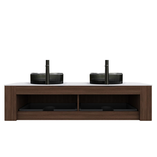 English Elm Dina 60 Inch Floating Bathroom Vanity Sintered Stone Top Dual Glass Basins Wood Grain Black,Carrara White,Walnut W2615S00244