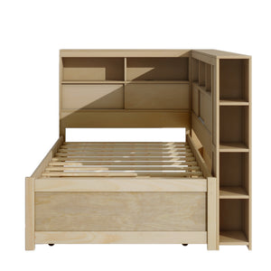 English Elm Twin Daybed with Built-In Shelves, USB Port & Trundle — Solid Pine Frame, Sturdy Storage and Smooth Wheels for Space-Saving Sleep Solutions Natural GX000467AAN