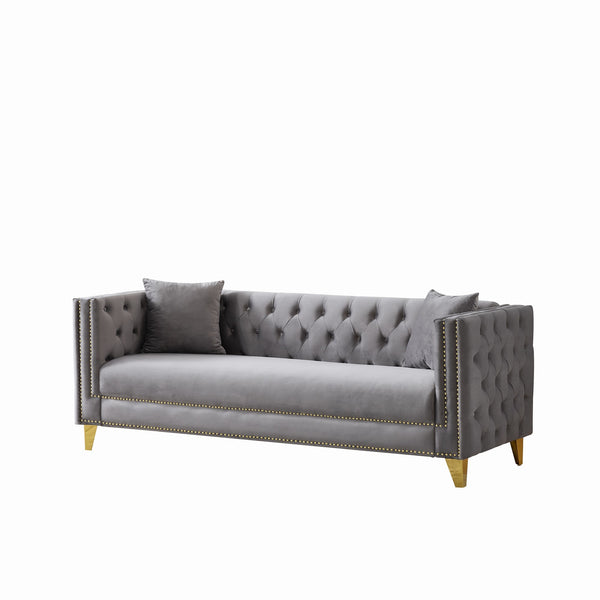 English Elm 80"Chesterfield Velvet Sofa with Tufted Buttons & Nailhead Trim, Deep-Seated 3-Seater, Solid Wood Frame Grey W3373S00027