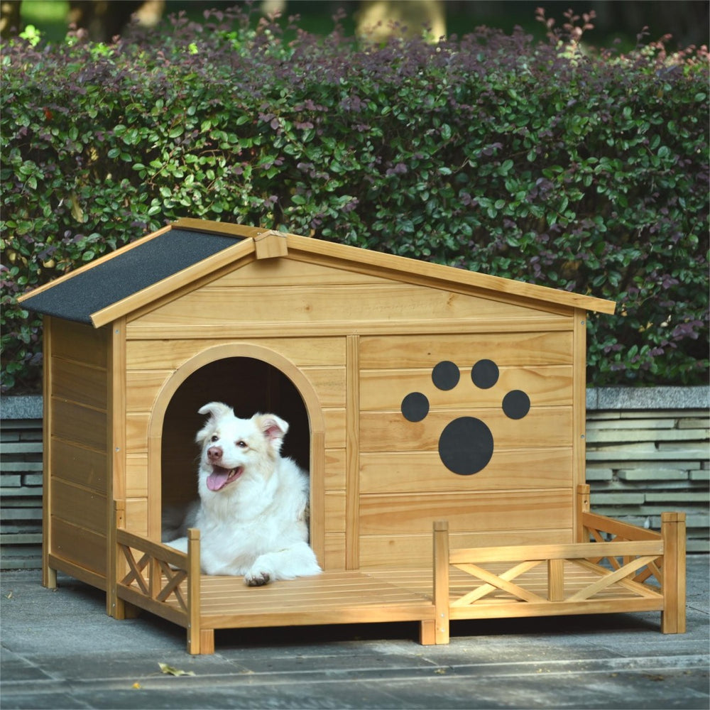 English Elm 48" Pine Wood Outdoor Dog House with Porch Asphalt Roof and Raised Floor for Medium Breeds FG201608AAA