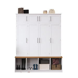 English Elm Wood Entryway Hall Tree with Bench Seating Coat Hooks Shoe Cubbies Cabinet White W5271S00004