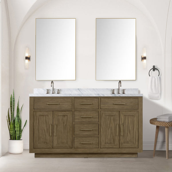 English Elm Grey Oak Double Bath Vanity Set With Carrara Marble Top, Chrome Faucets & 28" Mirrors For Easy Upgrade B2731S01796