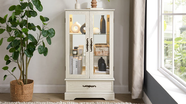 English Elm Lighted Glass Curio Cabinet - Elegant 2-Door Display With Adjustable Shelves & Integrated Lighting, White Finish W1758P300115