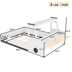 English Elm Full Size Car Shaped Kids Platform Bed with Storage Drawers Integrated Desk Pine Wood Light White W1580S00490
