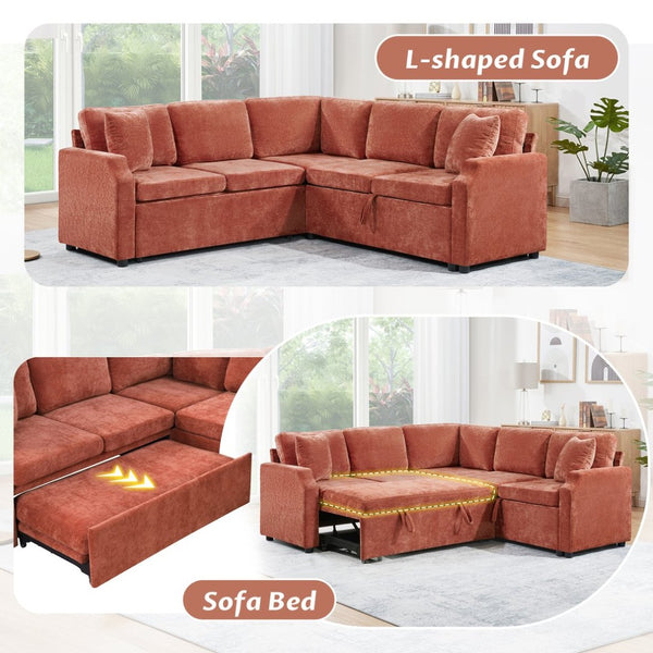 English Elm Sectional Sofa Bed - Stylish L-Shaped 81.9" Sleeper Sofa With Hidden Storage & Cozy Orange Chenille N719S002070G-GIGA