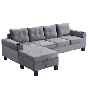 English Elm Sectional PU Sofa Set with L-Chaise, Built-In Cup Holders, Thick Foam Cushions, Modern 4-Seater Comfort Grey 69.29 L x 33.46 W x 13.78 H W2297S00011