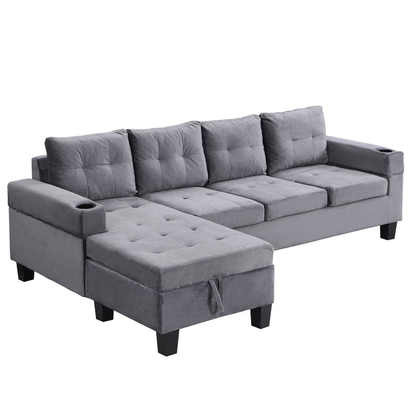 English Elm Sectional PU Sofa Set with L-Chaise, Built-In Cup Holders, Thick Foam Cushions, Modern 4-Seater Comfort Grey 69.29 L x 33.46 W x 13.78 H W2297S00011