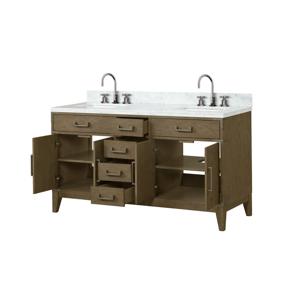 English Elm Grey Oak Double Bath Vanity 60 in with Carrara Marble Top, Chrome Faucet Set, Soft-Close Storage Elegance B2731P259857