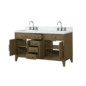 English Elm Grey Oak Double Bath Vanity 60 in with Carrara Marble Top, Chrome Faucet Set, Soft-Close Storage Elegance B2731P259857