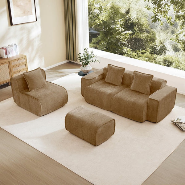 English Elm Streamlined Velvet L-shaped Sectional Sofa with Ottoman and Cloud Cushion Living Room Brown W3041S00373