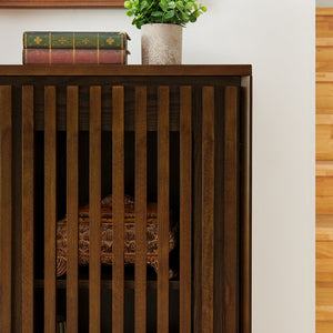 English Elm Mid Fluted Hollowed Sideboard Cabinet with Outlet Holes, Mid Century Storage Buffet for Entryway, Dining Walnut Brown W1801P288510