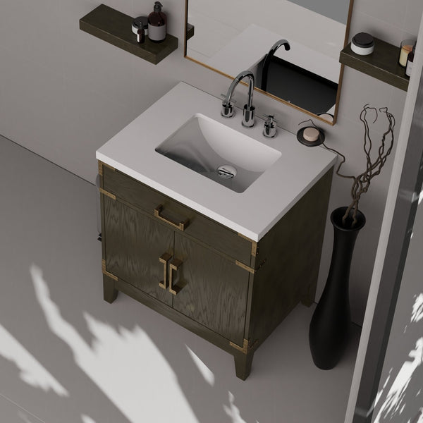 English Elm Brown Oak Single Bath Vanity With White Quartz Countertop & 28" Mirror – Elegant Storage Solution B2731S01454