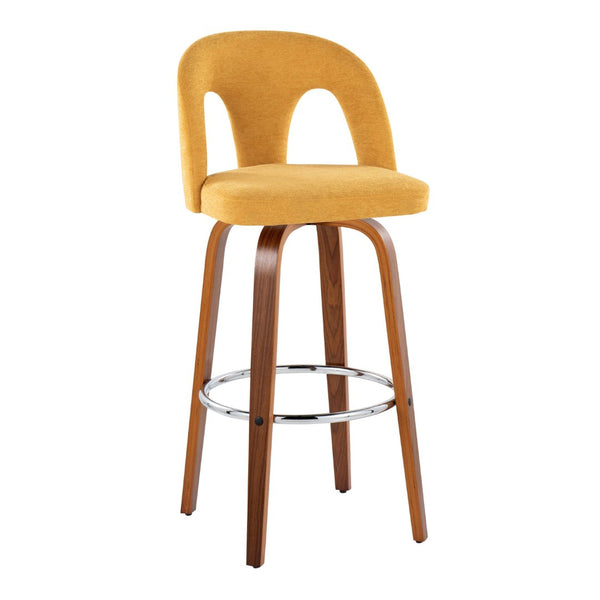 English Elm Fixed-height Swivel Barstools Walnut Bentwood Legs Chrome Footrest Yellow Seat Set of 2 B202S01881