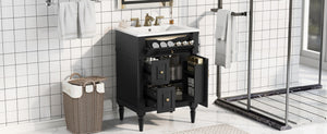 English Elm 24 Inch Freestanding Vanity with Ceramic Sink Rubberwood Frame Matte Finish Storage Black N725P356058B