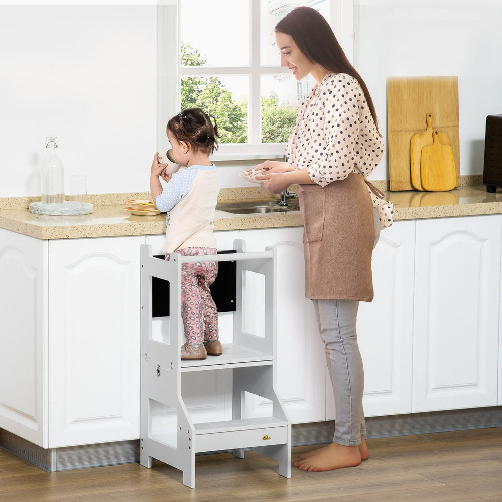 English Elm Qaba Kids 2-In-1 Kitchen Step Stool & Table Set With Chalkboard, Safety Rail For Toddler Playtime W2225P200573-GIGA