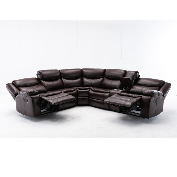 English Elm L Leather Power Reclining Sectional Sofa with USB Ports, Storage Console, Breathable Seating for 5 Brown W791S00001