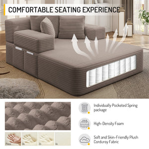 English Elm Luxurious Corduroy Frameless Chaise with Sleeper Conversion Foam Cushioning and Storage Pocket Coffee W3219P459757