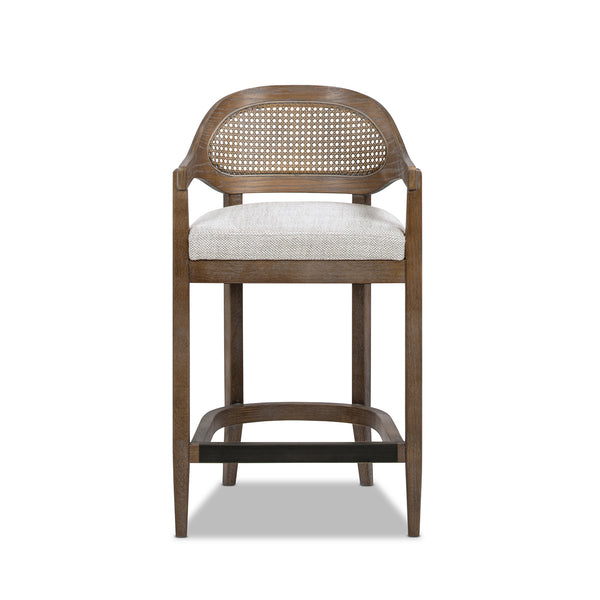 English Elm Jennifer Taylor Home - Americana Mid-Century 26" Cane Back Counter Stool — Handmade Oak Frame, Two-Tone Gray Wool Blend, Brass Footrest B2719P395564