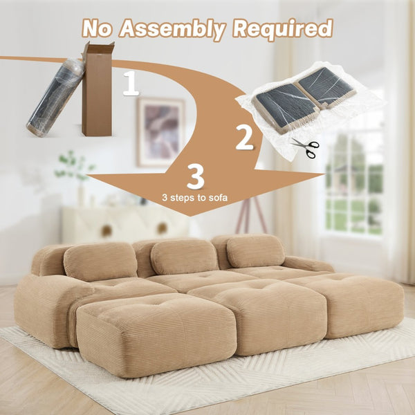 English Elm Three-seat Modular Corduroy Sectional Sofa with Ottomans for Living and Media Rooms Camel W714S01242