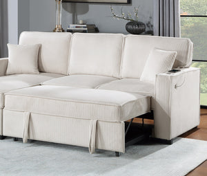 English Elm Convertible Corduroy Sectional Sofa with Reversible Chaise, Hidden Storage, USB Port & Pull-Out Bed Beige 60 L x 30 W x 19 H B011S01244