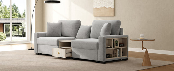English Elm Modern Chenille Modular Sofa with Built-in Console Storage Armrest for Living Room Grey N763S000063E