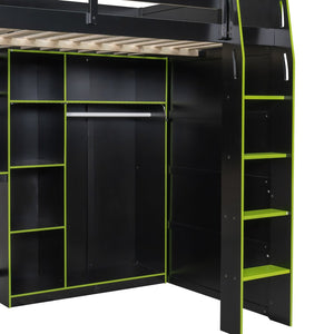 English Elm Full Size Loft Bed with Rgb Lighting Desk Open Wardrobe and Storage for Gaming Rooms Green LT000277AAG