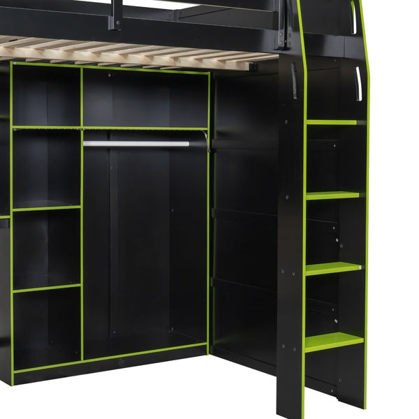 English Elm Full Size Loft Bed with Rgb Lighting Desk Open Wardrobe and Storage for Gaming Rooms Green LT000277AAG