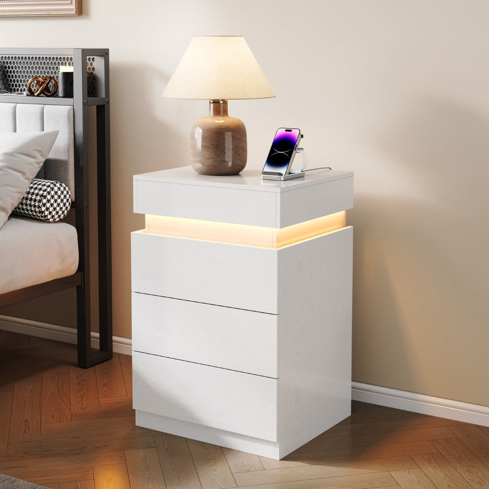 English Elm Nightstand with Rgb Led Lighting and Charging Hub Three Drawer Sleek Modern Bedside Ameican White Oak W5221P422262