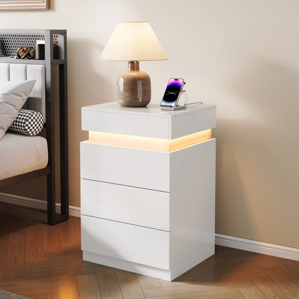 English Elm Nightstand with Rgb Led Lighting and Charging Hub Three Drawer Sleek Modern Bedside Ameican White Oak W5221P422262