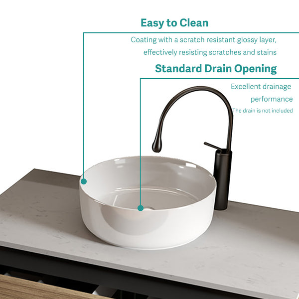 English Elm BB16-16A-101, Integrated White Ceramic Basin Glossy Vessel Sink — Sleek Round Design, Easy-Clean Finish W1865P279833
