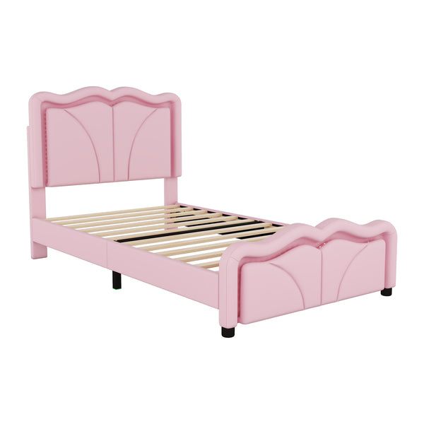 English Elm Twin Upholstered Platform Bed with Curved Headboard, Adjustable Heights, Sturdy Pine Frame, LED Accent Lights Pink WF323748AAH