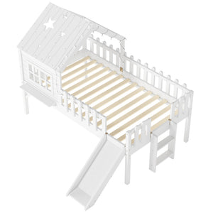English Elm Twin Playhouse Loft Bed Solid Pine Frame with Slide Led Lights and Star Roof White W5316S00001