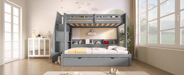 English Elm Twin Over Full Bunk Bed with Stair Drawers Shelves Led Lighting and Usb Port Grey N7090005013E