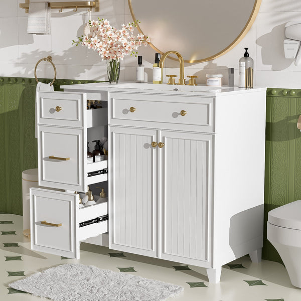 English Elm 36" Modern Bathroom Vanity with Ceramic Sink, Soft-Close Doors, Double-Layer Drawer & Storage Elegance White N729P289163K