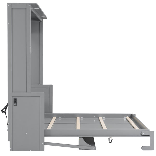 English Elm Queen Murphy Bed with Desk, Built-In LED Lights, USB Charging Ports & Space-Saving Modern Design Gray N7500004014E