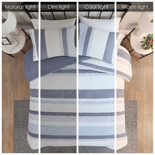 JLA Home Madison Park - 3 Piece Jacquard Duvet Cover Set - Textured Blue Gray Cream Stripes, Reversible Dark Blue, Antimicrobial Finish MP12-7876