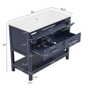 English Elm Christopher Knight Home® - 36" Modern Bathroom Vanity with Ceramic Sink, Tip-Out Tray, Soft-Close Drawers, Open Shelf, Waterproof Surface Blue N817P288908B