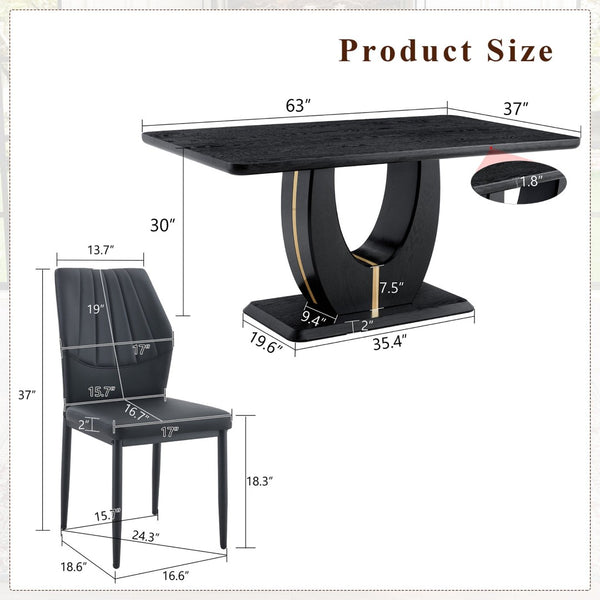 English Elm One 5 Piece Dining Set 63 Inch Table Dark Wood Grain Top with Brown Fabric Chairs Black W1151S04433