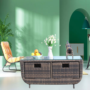 English Elm Coffee Table Outdoor Pe Rattan Wicker with Tempered Glass Top Patio Sunroom W209P440882