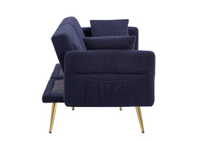 English Elm Modern Teddy Upholstered Loveseat Sofa Bed with Side Pocket, Adjustable Back & Gold Legs, Dark Blue W1117P303450