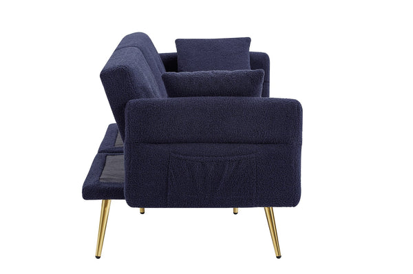 English Elm Modern Teddy Upholstered Loveseat Sofa Bed with Side Pocket, Adjustable Back & Gold Legs, Dark Blue W1117P303450