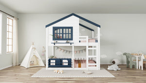 English Elm Full Bunk Bed with Trundle Bookshelf Storage Pine Frame Car Design for Kids White W1580S00552