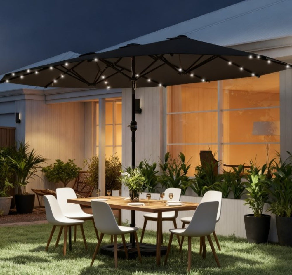 English Elm Double-sided Patio Umbrella with 36 Solar Led Lights Steel Frame Vented Canopy T3971P426130