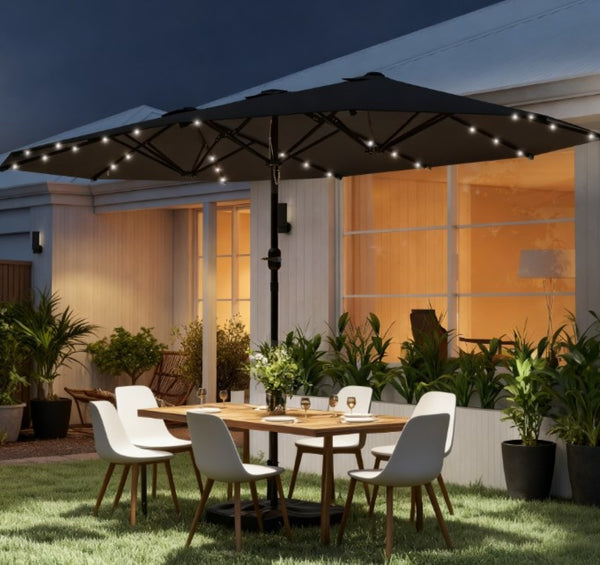 English Elm Double-sided Patio Umbrella with 36 Solar Led Lights Steel Frame Vented Canopy T3971P426130
