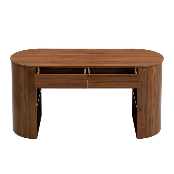 English Elm Storage Writing Desk with Curved Base Open Shelves and Drawers for Home Office Dark Walnut N757P306285D
