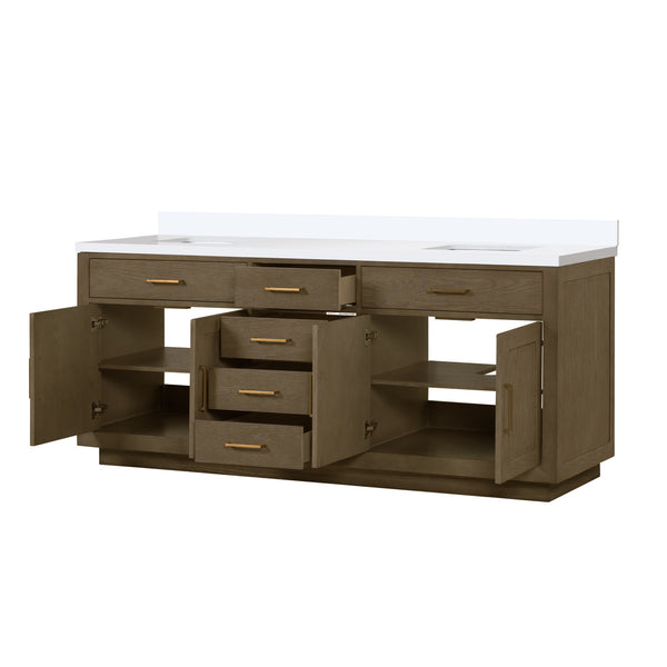 English Elm Grey Oak Double Bath Vanity 84" W With White Quartz Top, Soft-Close Drawers & Ample Storage Space B2731P257862
