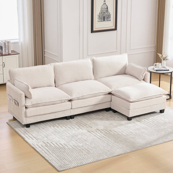 English Elm United We Win Modular Corduroy Sectional with Ottoman Low Profile Living Room Couch Beige W1568S00259