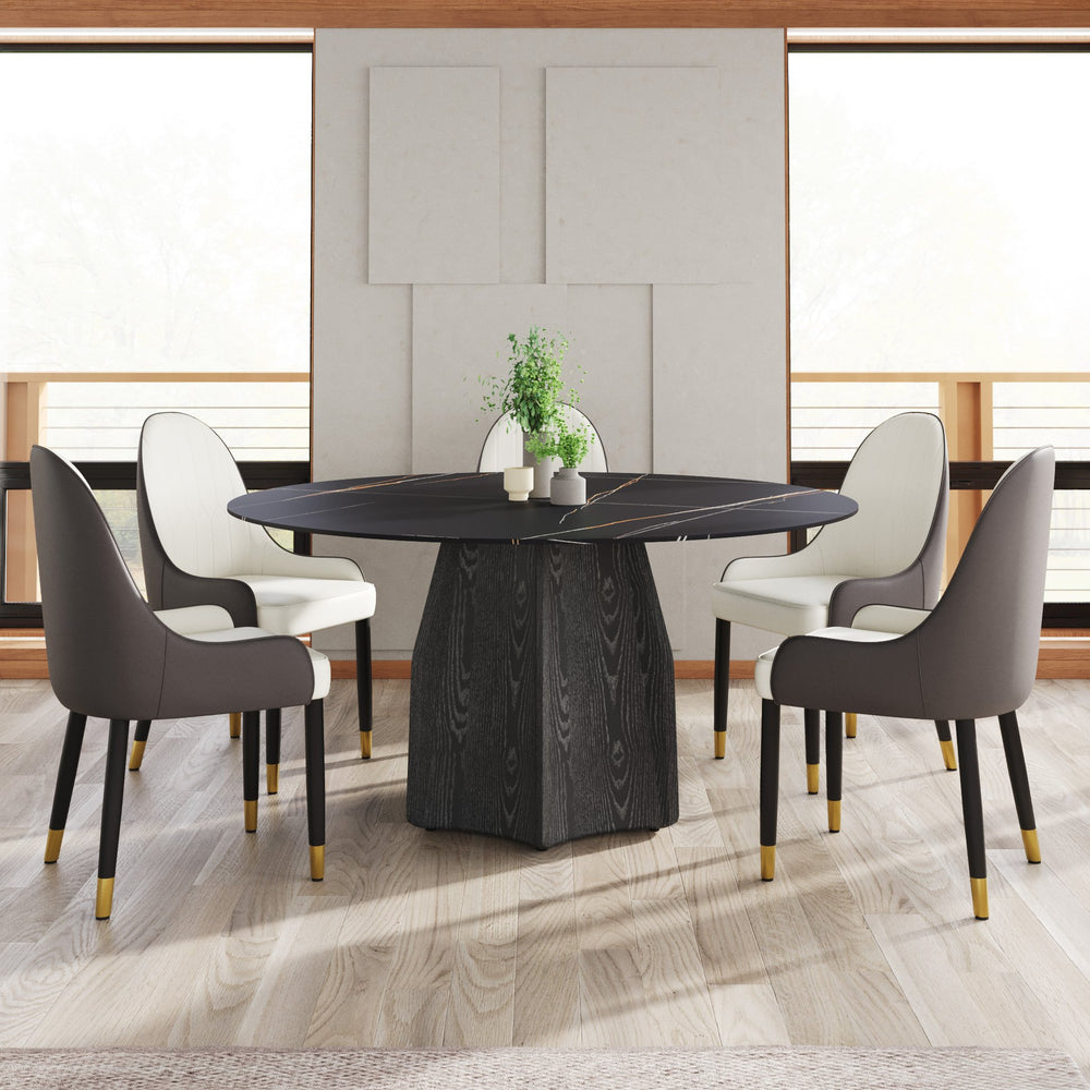 English Elm 59.05" Round Marble Dining Table - Stylish Oak Base For 6-8 People, Modern Scratch-Resistant Top W1535S00381