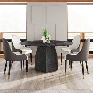 English Elm 59.05" Round Marble Dining Table - Stylish Oak Base For 6-8 People, Modern Scratch-Resistant Top W1535S00381